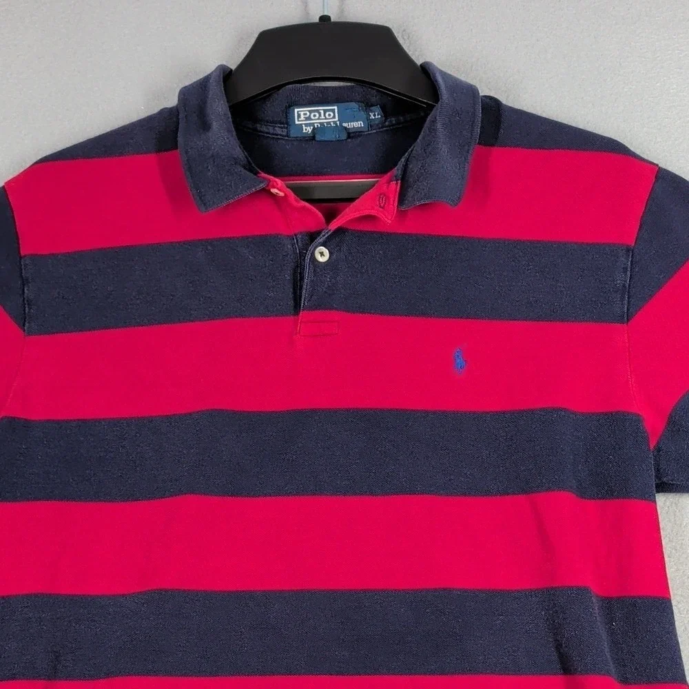 Polo Ralph Lauren Polo Shirt Mens‎ XL Red Navy Blue Striped Cotton Short Sleeve